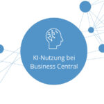 Weiße Infografik mit Netzwerkpunkten, in der Mitte ist ein hellblauer Kreis und einem Icon eines Menschens mit vernetztem Gehirn. Darunter ist ein Text "KI-Nutzung bei Business Central"