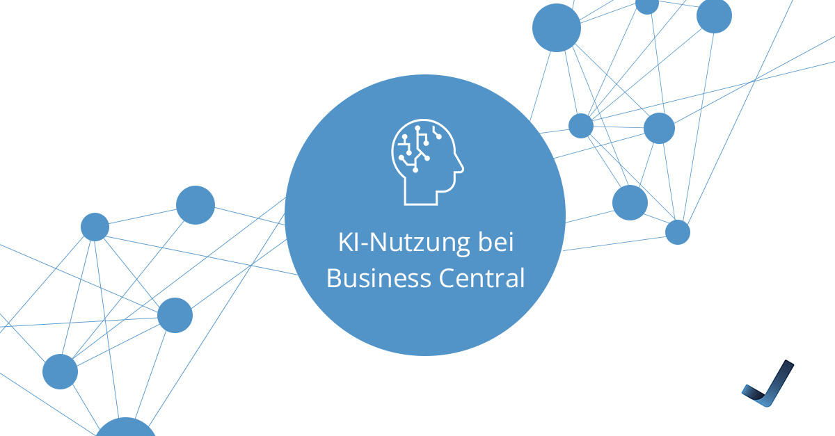 Weiße Infografik mit Netzwerkpunkten, in der Mitte ist ein hellblauer Kreis und einem Icon eines Menschens mit vernetztem Gehirn. Darunter ist ein Text "KI-Nutzung bei Business Central"