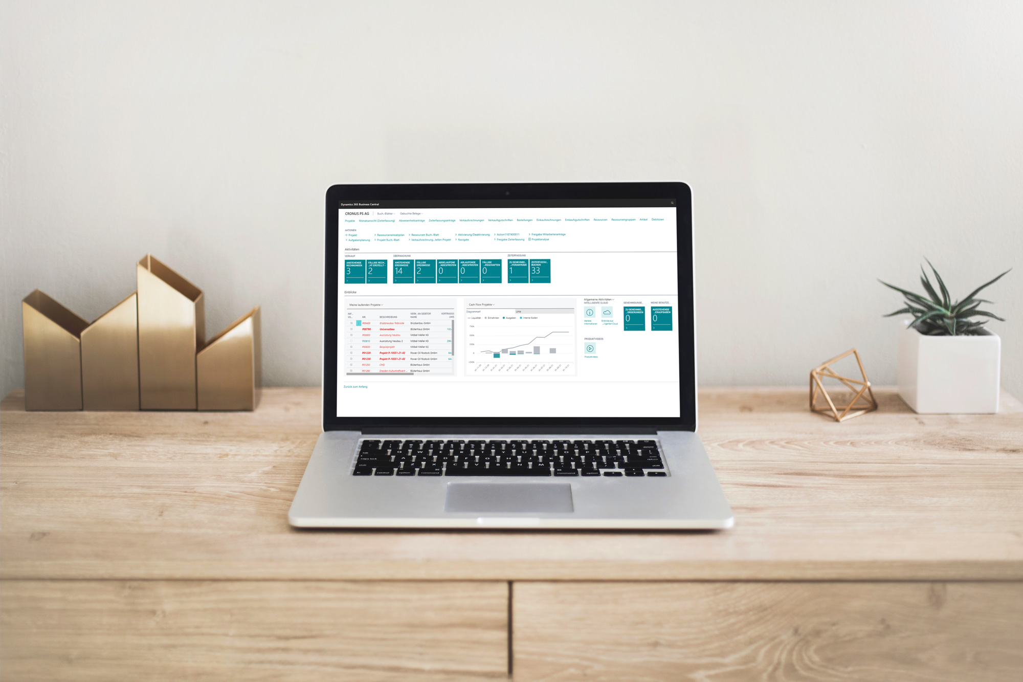 Screenshot Microsoft Dynamics 365 Business Central und smartPORJECT auf einem Laptop auf einem Holztisch mit ruhigem Hintergund