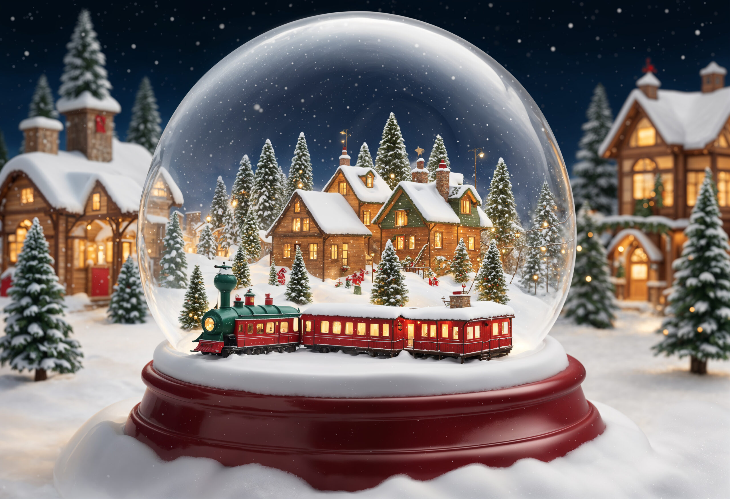 Schneekugel (Weihnachtskugel) mit real wirkender Stadt mit Zug davor, es liegt Schnee